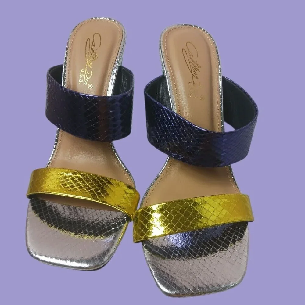 Cathy Din Faux Snake Skin Print Sandals Womens Metallics Purple Gold  Sz 6.5